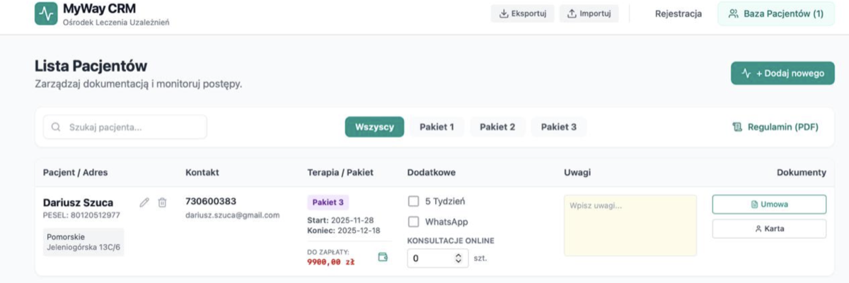 MiniCRM - Lista pacjentów