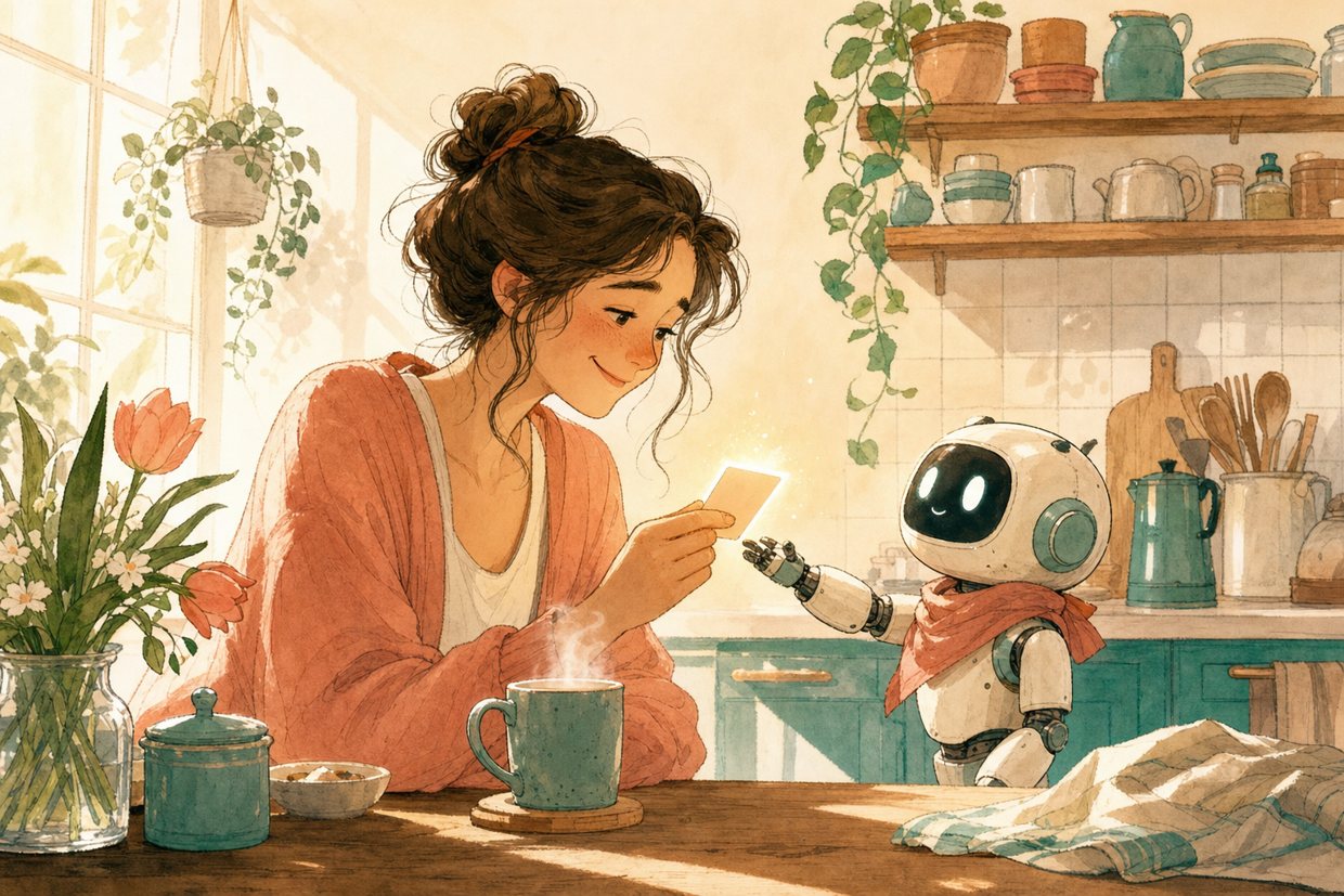 Poranek w kuchni, robot podaje właścicielowi krótki raport przy kawie