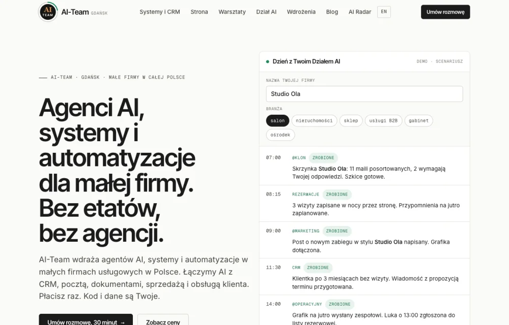 Podgląd strony głównej AI-Team