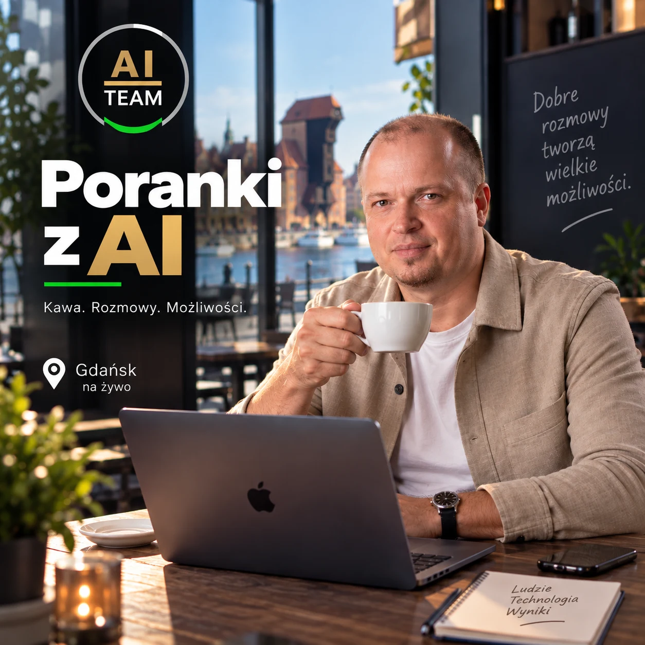 Poranki z AI — Darek z kawą i laptopem na tle Gdańska, wizualizacja AI